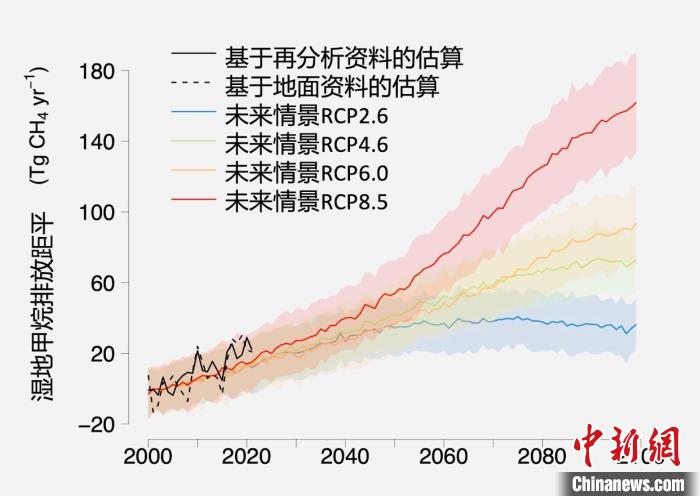 基于觀測的濕地甲烷排放變化與未來氣候變化情景下估算的對比?！≈锌圃呵嗖馗咴?供圖