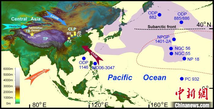 塔里木沙塵傳輸至北太平洋的路徑(陰影區(qū))及西昆侖山黃土巖芯位置(五角星)。　中科院青藏高原所 供圖
