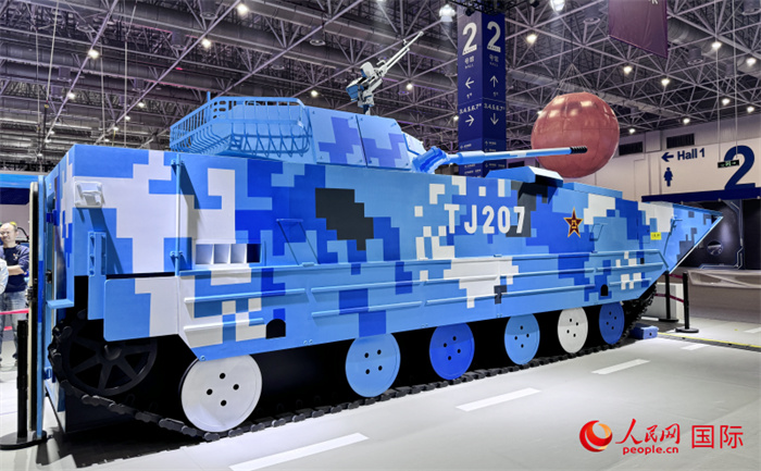 國(guó)防展區(qū)內(nèi)陳列的05式兩棲突擊車(chē)。人民網(wǎng)記者 張麗鷗攝