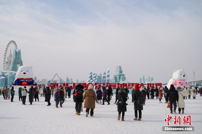 1月4日，第25屆哈爾濱冰雪大世界內(nèi)的冰雕吸引游客觀看。白天的冰雪大世界，游客仿佛置身現(xiàn)實(shí)版“冰雪奇緣”。<a target='_blank' href='/'><p  align=