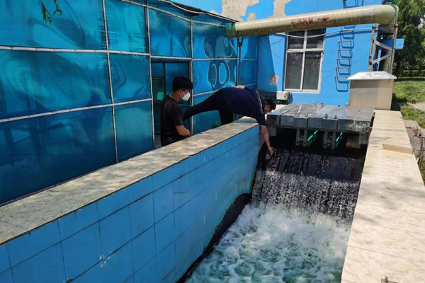 邯鄲市雞澤縣藍天污水處理廠員工正在出水口進行水質(zhì)檢測。鄭佳欣攝