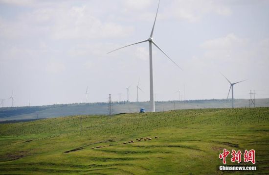 6月28日，河北張家口張北草原上大片風(fēng)力發(fā)電的“風(fēng)車”規(guī)模宏大。 中新社記者 楊艷敏 攝