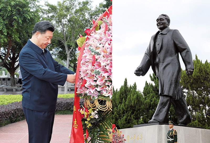 2020年10月14日，習(xí)近平總書(shū)記向深圳蓮花山公園鄧小平同志銅像敬獻(xiàn)花籃。