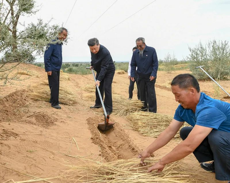 2019年8月21日，習(xí)近平來到甘肅省武威市古浪縣八步沙林場(chǎng)，實(shí)地察看當(dāng)?shù)刂紊吃炝?、生態(tài)保護(hù)等情況。新華社記者 謝環(huán)馳 攝