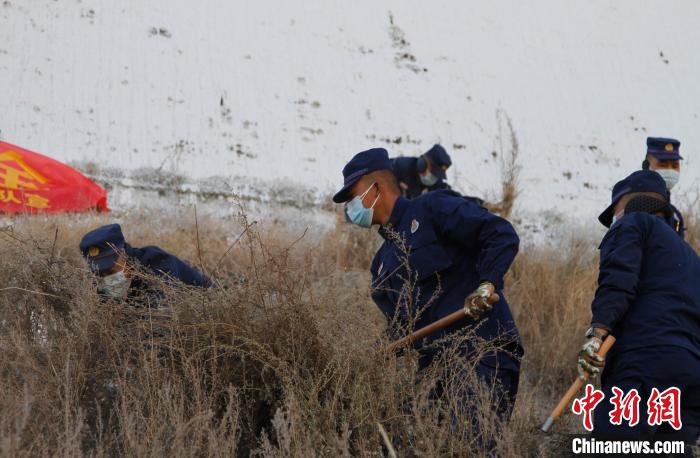 圖為200余名消防員在布達(dá)拉宮后山集合除草?！≮w朗 攝